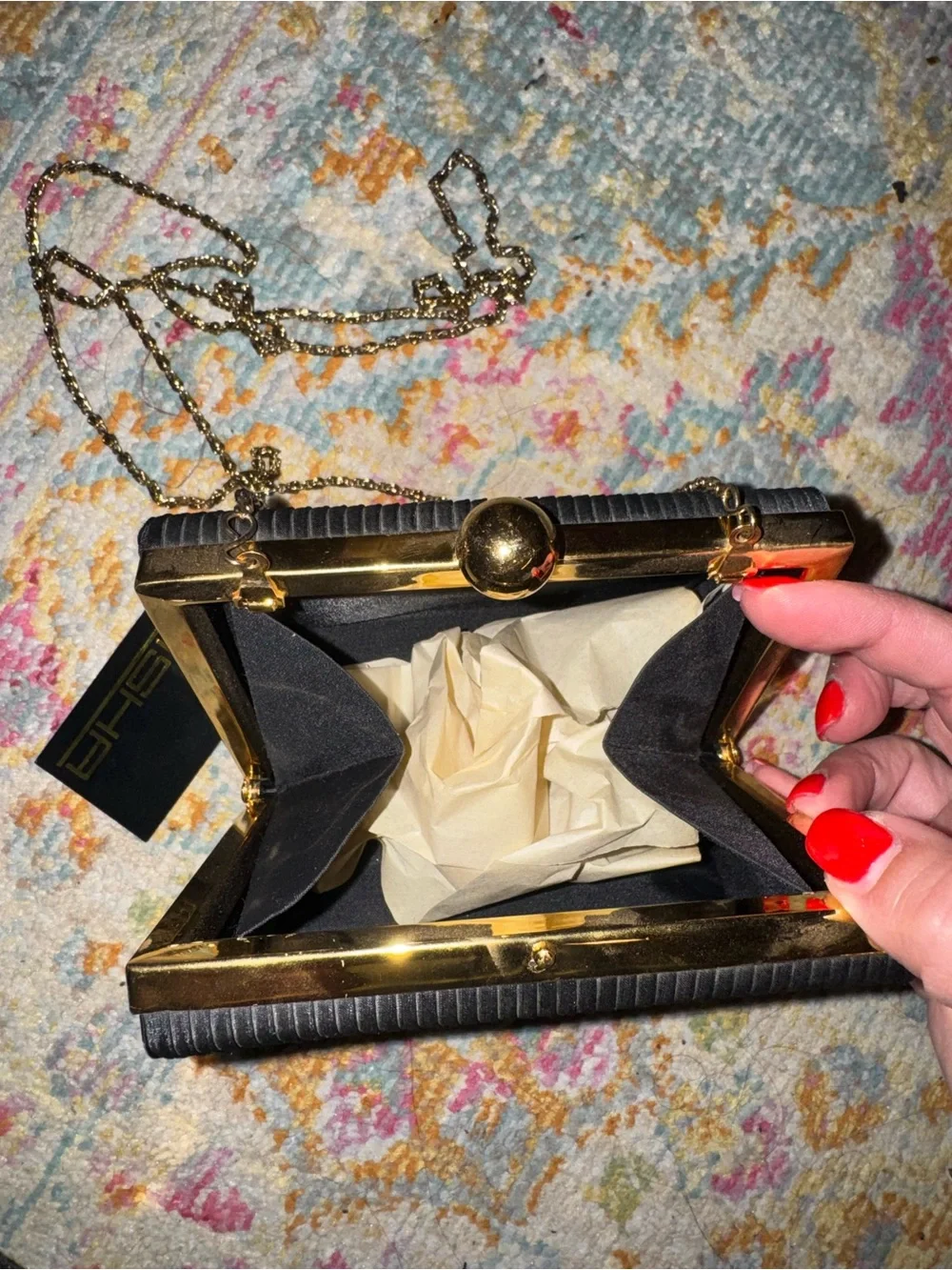 Sasha Black Ribbed Evening Clutch with Gold Frame